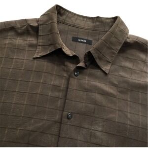 Alfani Shirt Mens Large Brown Modal Blend Grid Button Up Short Sleeve Casual